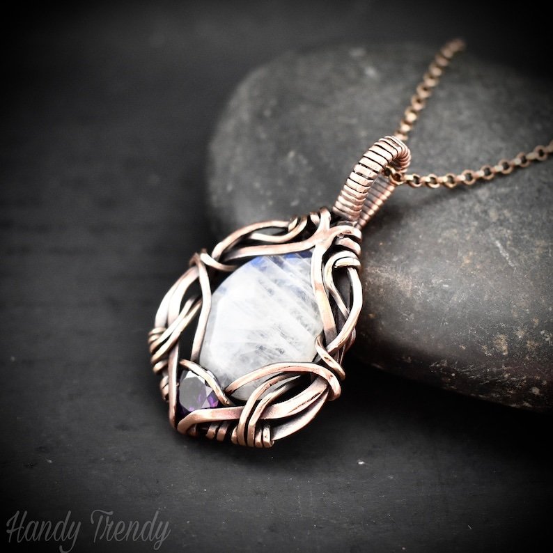 Rainbow moonstone and purple cubic zirconia pendant, Free-flow Copper Wire wrapped necklace, Unique handmade gift, One of a kind