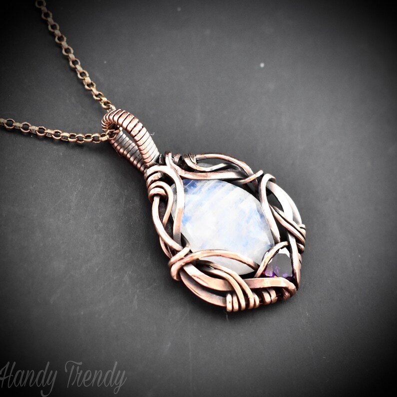 Rainbow moonstone and purple cubic zirconia pendant, Free-flow Copper Wire wrapped necklace, Unique handmade gift, One of a kind