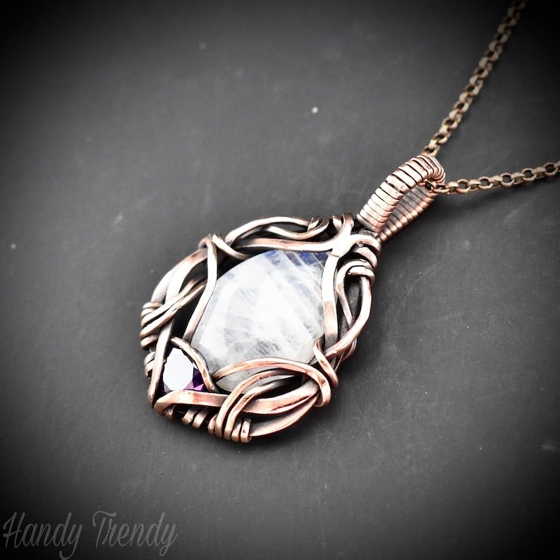 Rainbow moonstone and purple cubic zirconia pendant, Free-flow Copper Wire wrapped necklace, Unique handmade gift, One of a kind