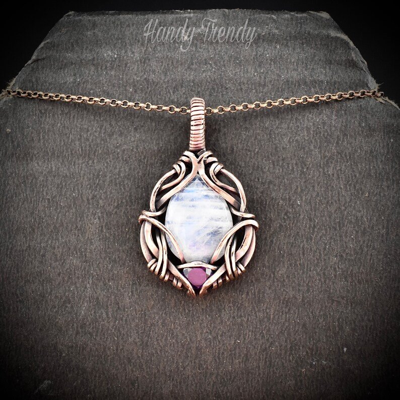 Rainbow moonstone and purple cubic zirconia pendant, Free-flow Copper Wire wrapped necklace, Unique handmade gift, One of a kind