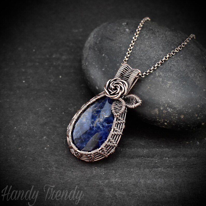 Rose pendant, Sodalite necklace, Copper wire wrapped jewelry, Unique handmade gift, One of a kind botanical necklace