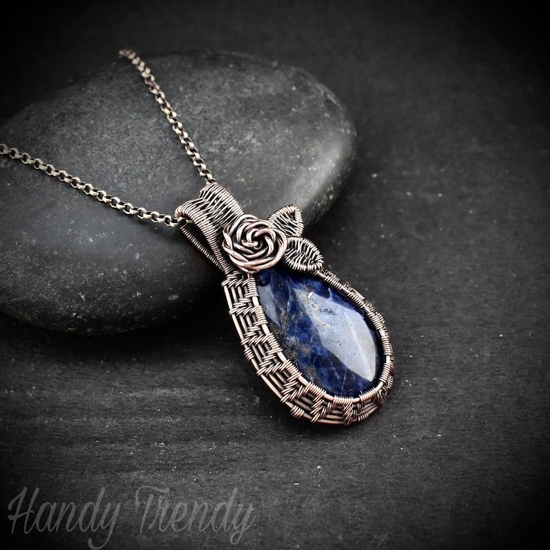 Rose pendant, Sodalite necklace, Copper wire wrapped jewelry, Unique handmade gift, One of a kind botanical necklace