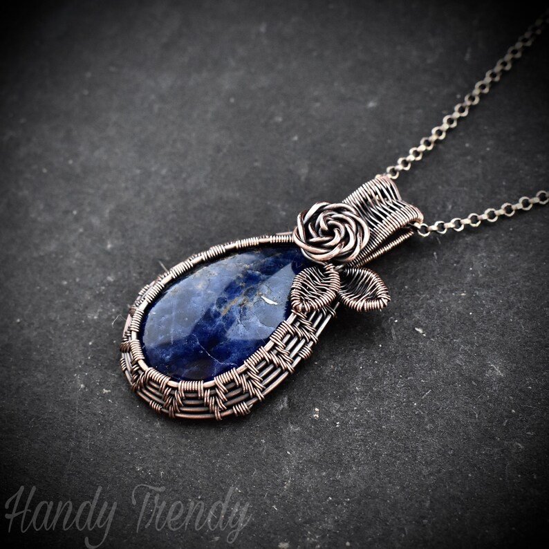 Rose pendant, Sodalite necklace, Copper wire wrapped jewelry, Unique handmade gift, One of a kind botanical necklace