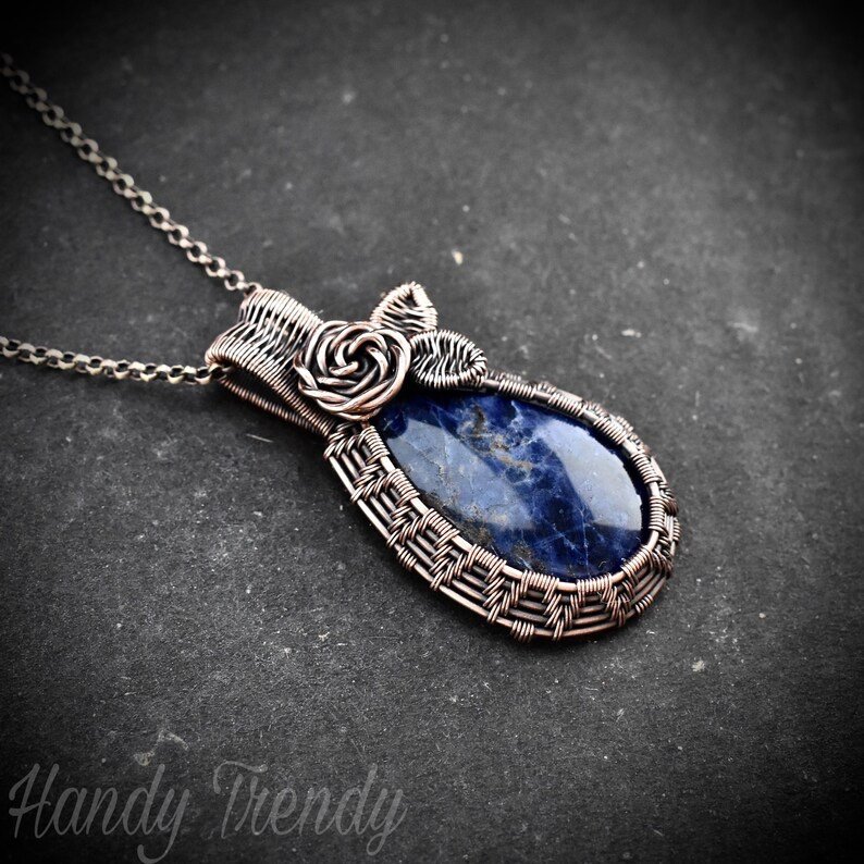Rose pendant, Sodalite necklace, Copper wire wrapped jewelry, Unique handmade gift, One of a kind botanical necklace