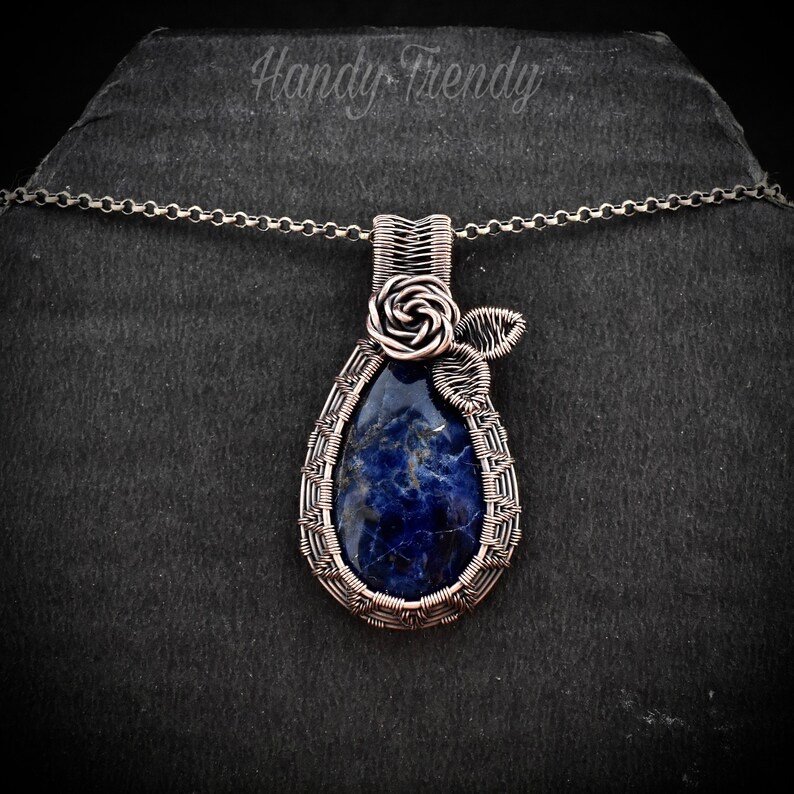 Rose pendant, Sodalite necklace, Copper wire wrapped jewelry, Unique handmade gift, One of a kind botanical necklace