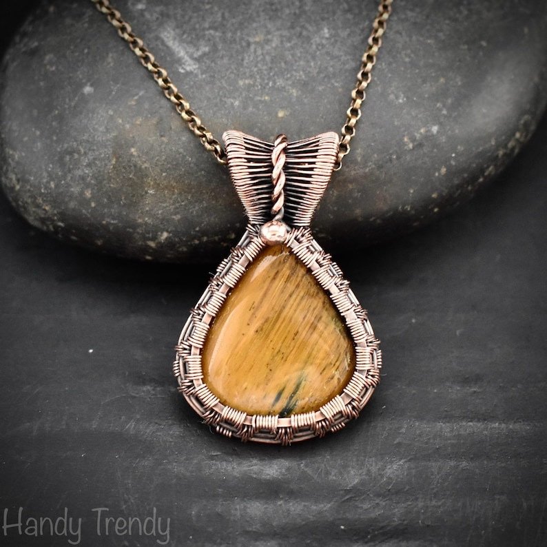 Yellow tiger eye pendant, Copper wire wrapped jewelry, Unique handmade Gift, Artisan boho necklace, One of a kind piece