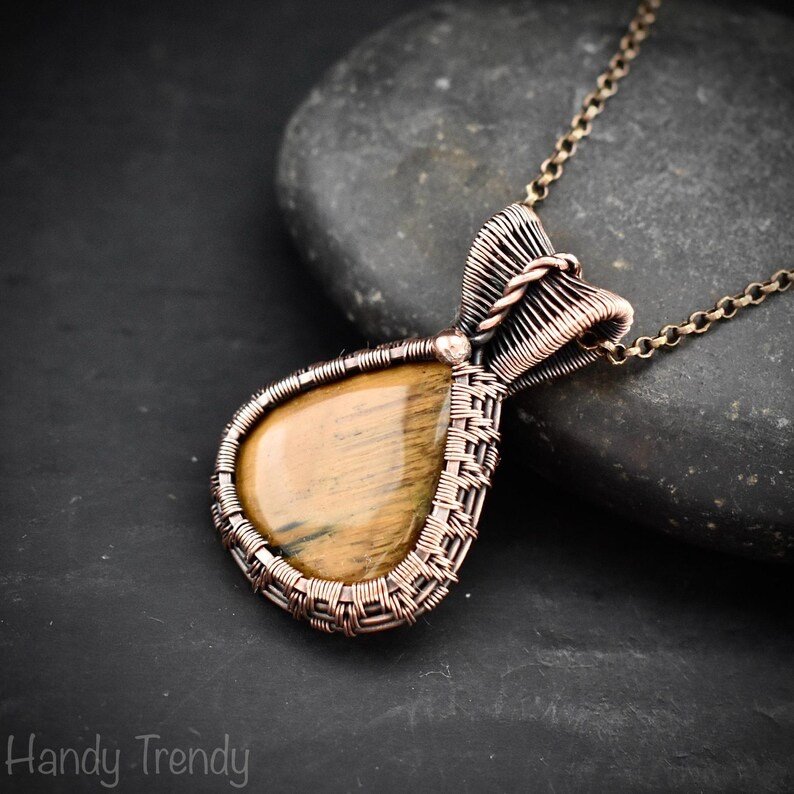 Yellow tiger eye pendant, Copper wire wrapped jewelry, Unique handmade Gift, Artisan boho necklace, One of a kind piece
