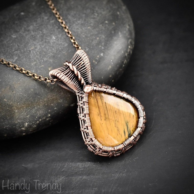 Yellow tiger eye pendant, Copper wire wrapped jewelry, Unique handmade Gift, Artisan boho necklace, One of a kind piece