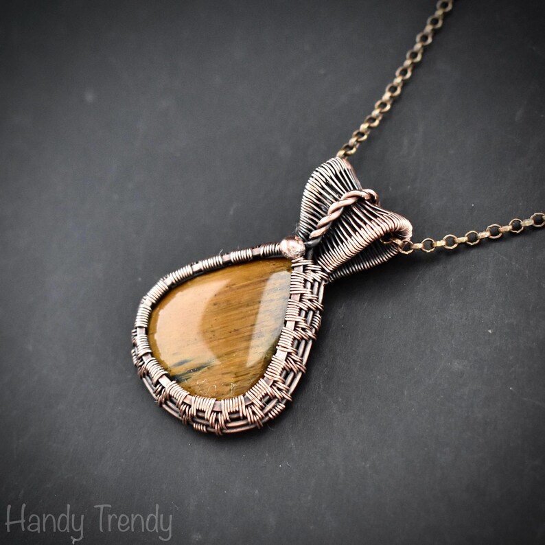 Yellow tiger eye pendant, Copper wire wrapped jewelry, Unique handmade Gift, Artisan boho necklace, One of a kind piece