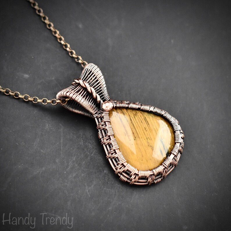 Yellow tiger eye pendant, Copper wire wrapped jewelry, Unique handmade Gift, Artisan boho necklace, One of a kind piece