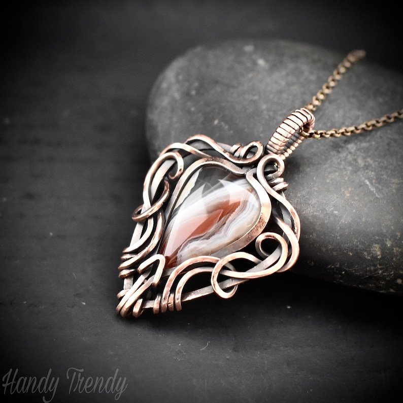 Orange botswana agate free flow pendant, Copper wire wrap jewelry, Unique handmade gift, Artisan necklace, One of a kind piece