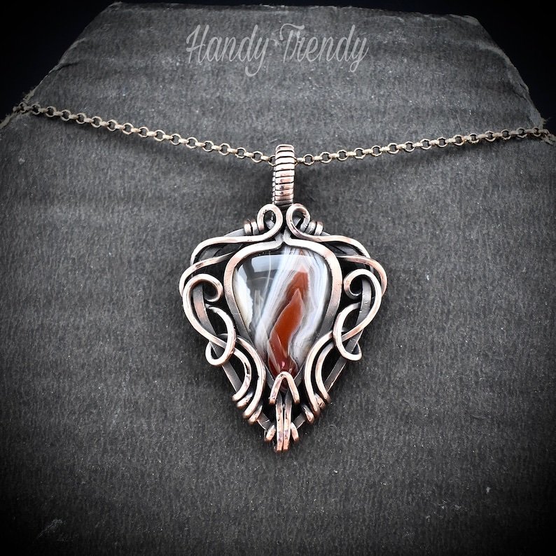 Orange botswana agate free flow pendant, Copper wire wrap jewelry, Unique handmade gift, Artisan necklace, One of a kind piece
