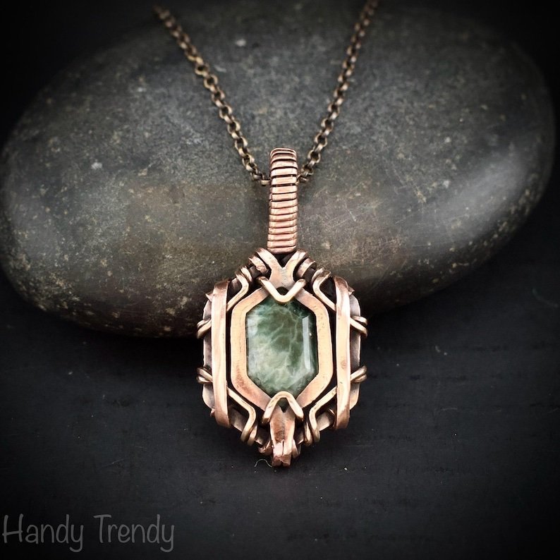 Ocean jasper hexagon pendant, Free flow copper wire wrapped necklace, Unique handmade gift, One of kind jewellery, Artisan boho jewellery