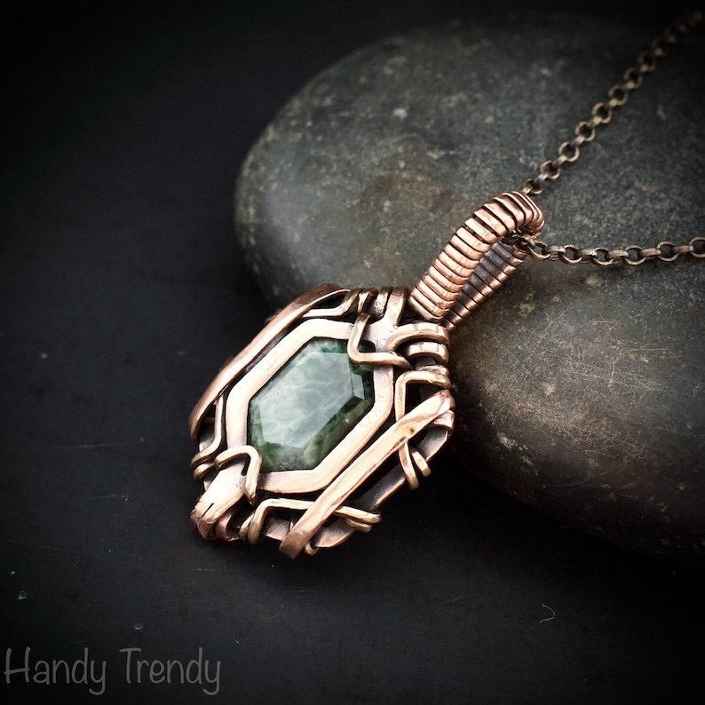 Ocean jasper hexagon pendant, Free flow copper wire wrapped necklace, Unique handmade gift, One of kind jewellery, Artisan boho jewellery