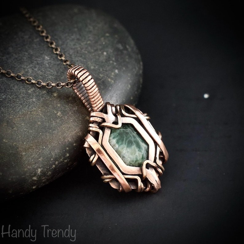 Ocean jasper hexagon pendant, Free flow copper wire wrapped necklace, Unique handmade gift, One of kind jewellery, Artisan boho jewellery