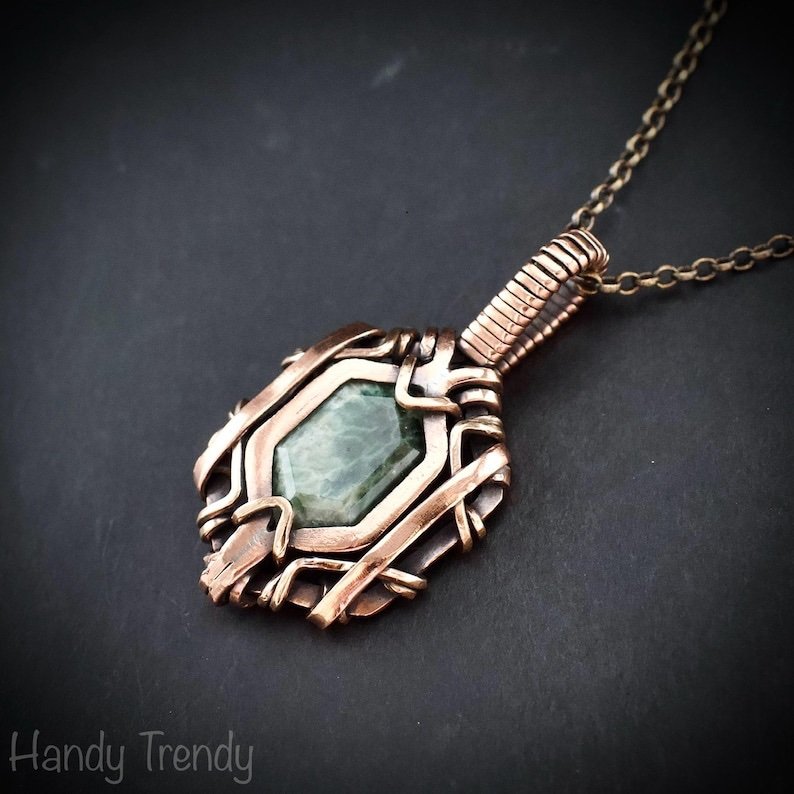 Ocean jasper hexagon pendant, Free flow copper wire wrapped necklace, Unique handmade gift, One of kind jewellery, Artisan boho jewellery