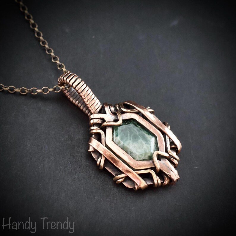 Ocean jasper hexagon pendant, Free flow copper wire wrapped necklace, Unique handmade gift, One of kind jewellery, Artisan boho jewellery