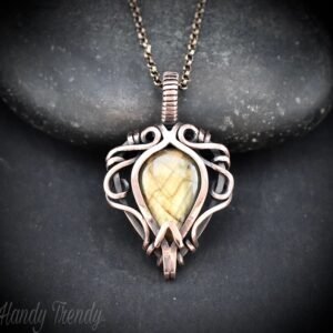 Yellow labradorite pendant, Free-Flow Copper Wire wrapped necklace, Unique handmade gift, One of a kind artisan boho jewelry