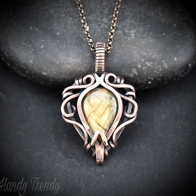 Yellow labradorite pendant, Free-Flow Copper Wire wrapped necklace, Unique handmade gift, One of a kind artisan boho jewelry