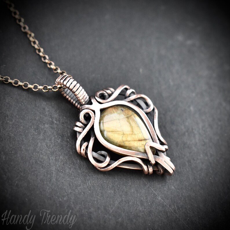 Yellow labradorite pendant, Free-Flow Copper Wire wrapped necklace, Unique handmade gift, One of a kind artisan boho jewelry