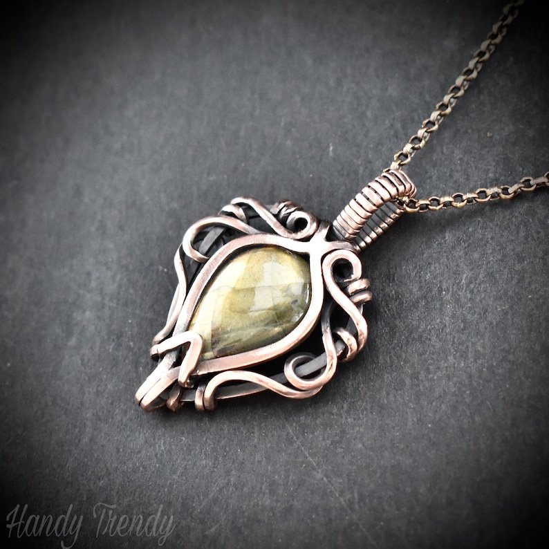Yellow labradorite pendant, Free-Flow Copper Wire wrapped necklace, Unique handmade gift, One of a kind artisan boho jewelry