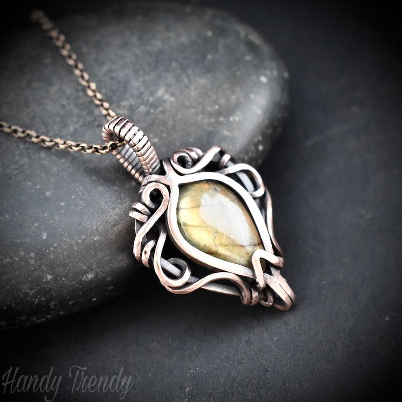 Yellow labradorite pendant, Free-Flow Copper Wire wrapped necklace, Unique handmade gift, One of a kind artisan boho jewelry