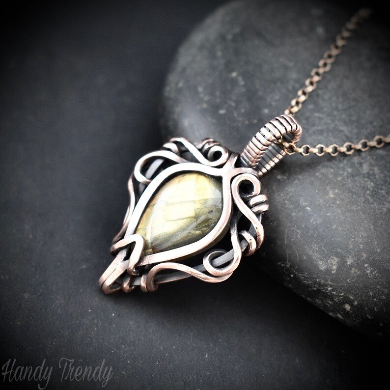 Yellow labradorite pendant, Free-Flow Copper Wire wrapped necklace, Unique handmade gift, One of a kind artisan boho jewelry