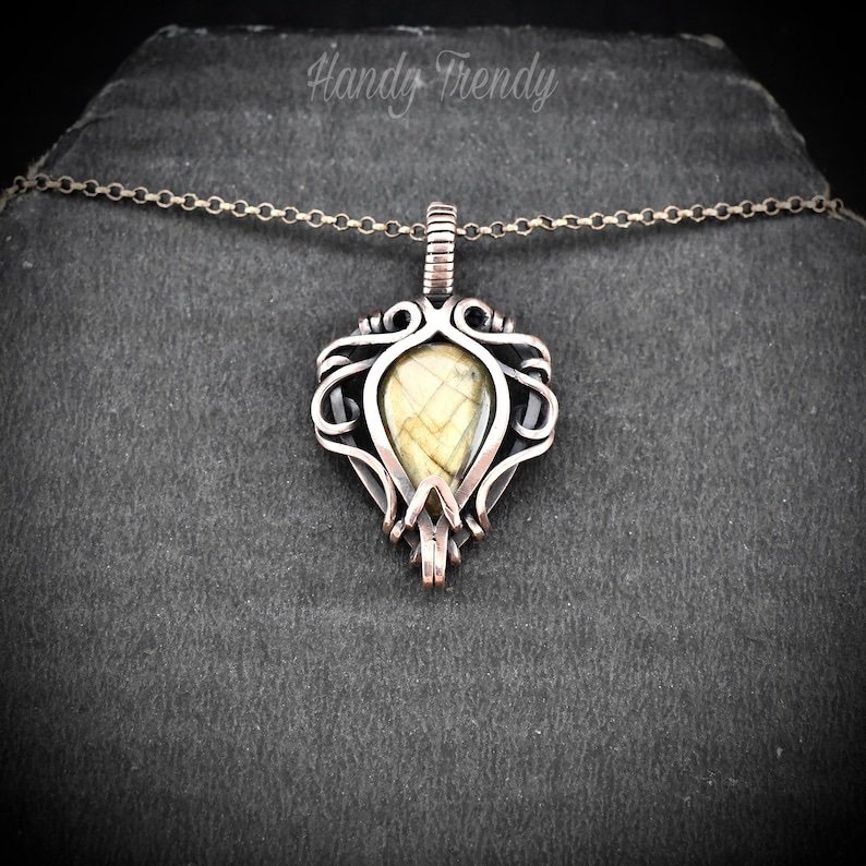 Yellow labradorite pendant, Free-Flow Copper Wire wrapped necklace, Unique handmade gift, One of a kind artisan boho jewelry