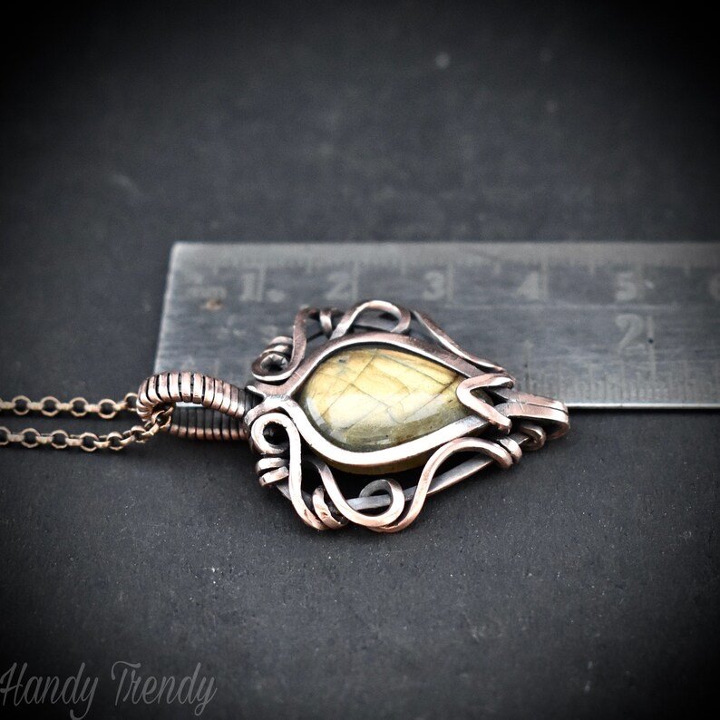 Yellow labradorite pendant, Free-Flow Copper Wire wrapped necklace, Unique handmade gift, One of a kind artisan boho jewelry
