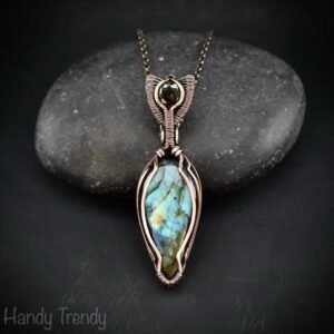 Multi flash labradorite and green cubic zirconia pendant, Copper Wire wrap jewelry, Unique handmade gift, One of a kind artisan necklace