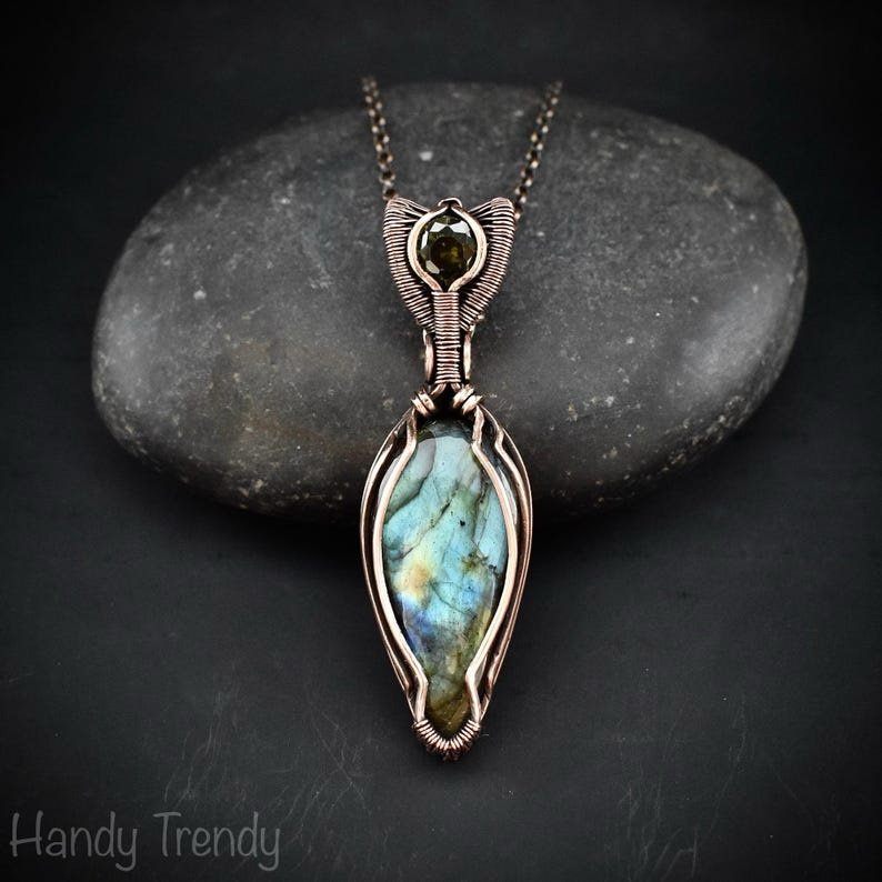 Multi flash labradorite and green cubic zirconia pendant, Copper Wire wrap jewelry, Unique handmade gift, One of a kind artisan necklace
