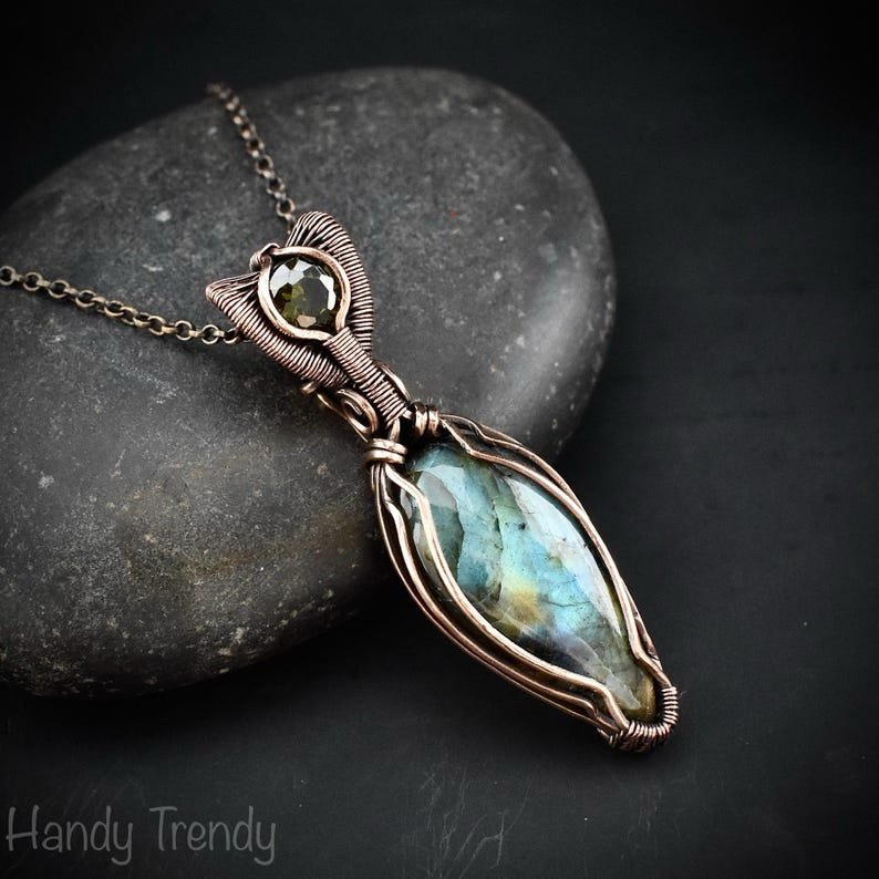 Multi flash labradorite and green cubic zirconia pendant, Copper Wire wrap jewelry, Unique handmade gift, One of a kind artisan necklace