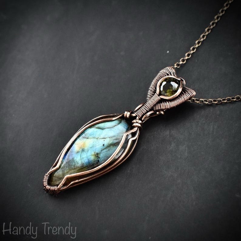 Multi flash labradorite and green cubic zirconia pendant, Copper Wire wrap jewelry, Unique handmade gift, One of a kind artisan necklace