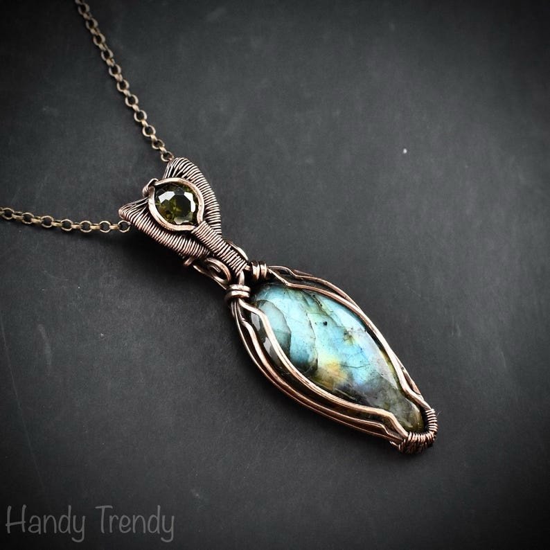 Multi flash labradorite and green cubic zirconia pendant, Copper Wire wrap jewelry, Unique handmade gift, One of a kind artisan necklace