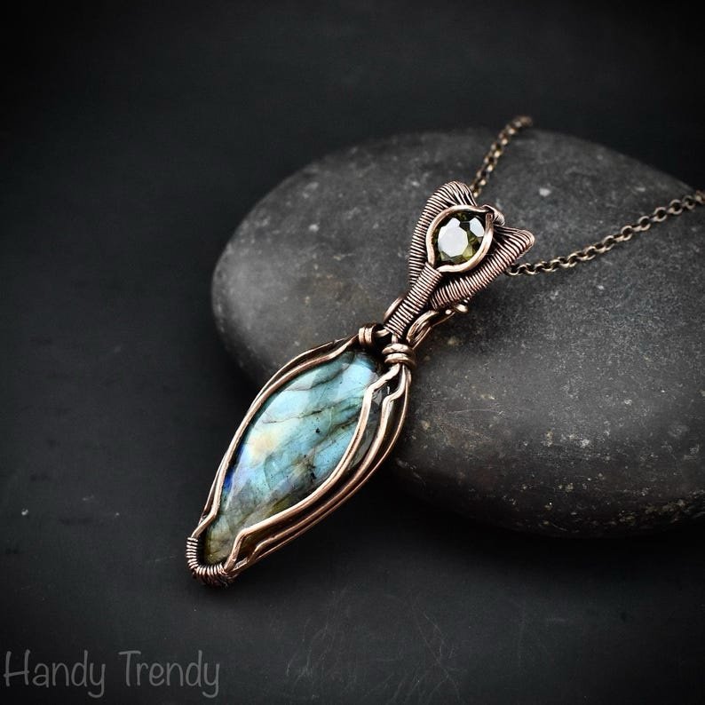 Multi flash labradorite and green cubic zirconia pendant, Copper Wire wrap jewelry, Unique handmade gift, One of a kind artisan necklace