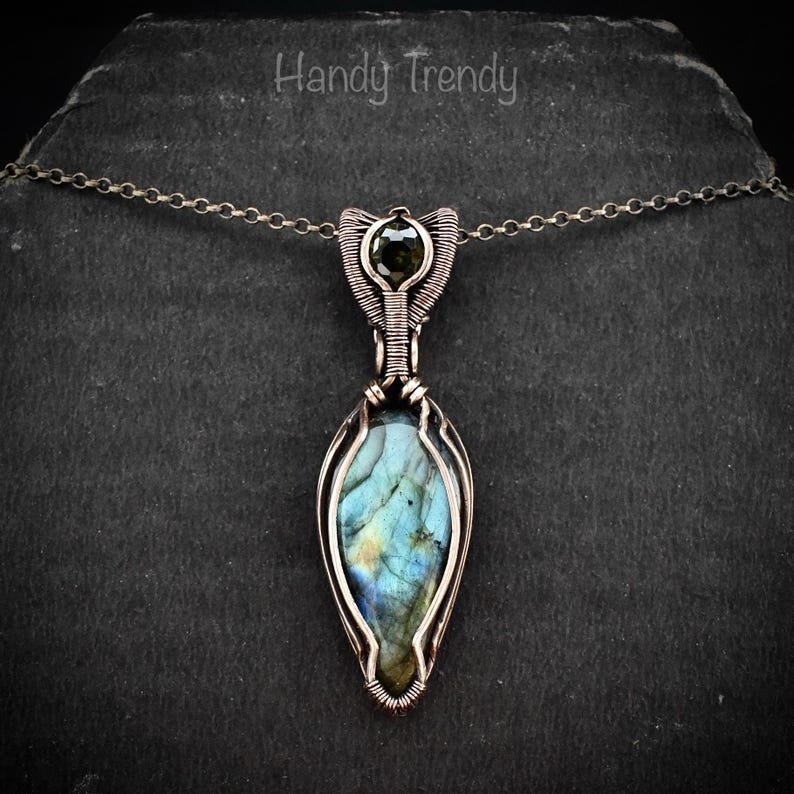 Multi flash labradorite and green cubic zirconia pendant, Copper Wire wrap jewelry, Unique handmade gift, One of a kind artisan necklace