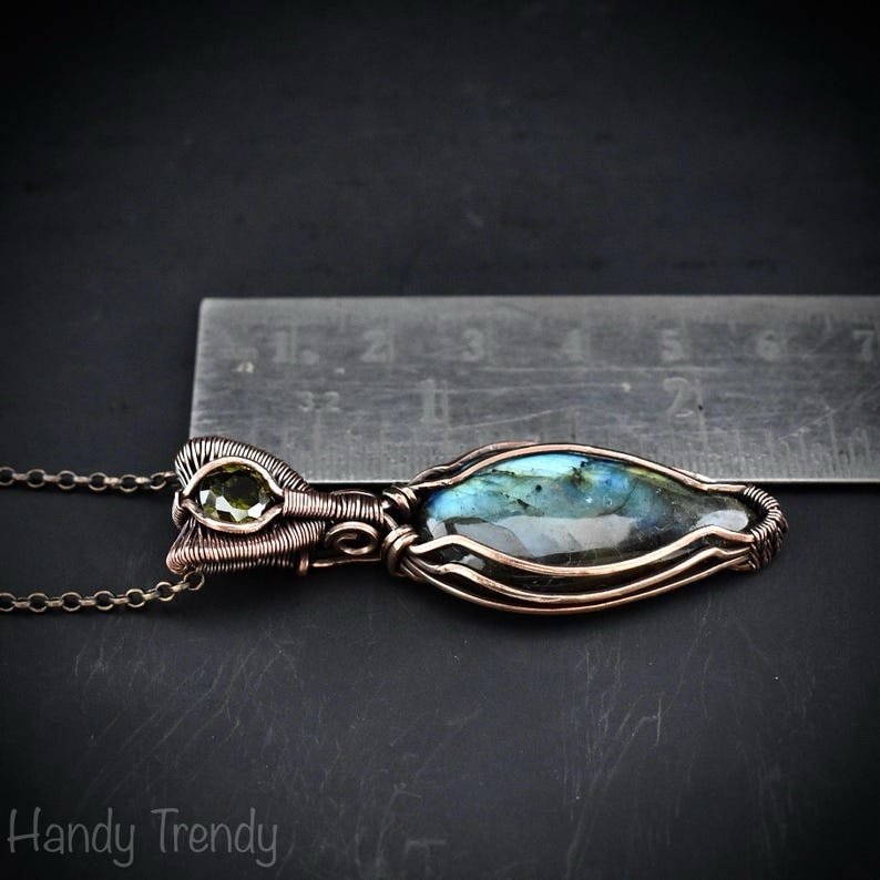 Multi flash labradorite and green cubic zirconia pendant, Copper Wire wrap jewelry, Unique handmade gift, One of a kind artisan necklace