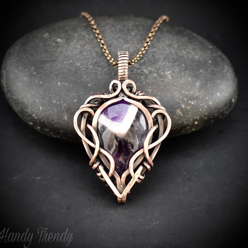 Star amethyst pendant, Free flow copper wire wrapped necklace, Unique handmade gift, One of a kind jewelry, Artisan boho jewelry