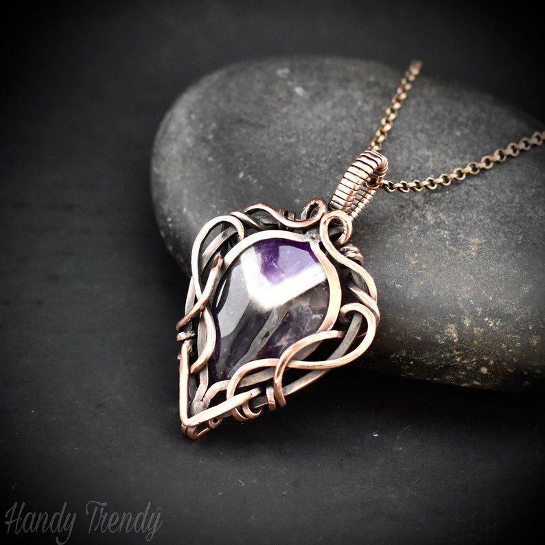 Star amethyst pendant, Free flow copper wire wrapped necklace, Unique handmade gift, One of a kind jewelry, Artisan boho jewelry