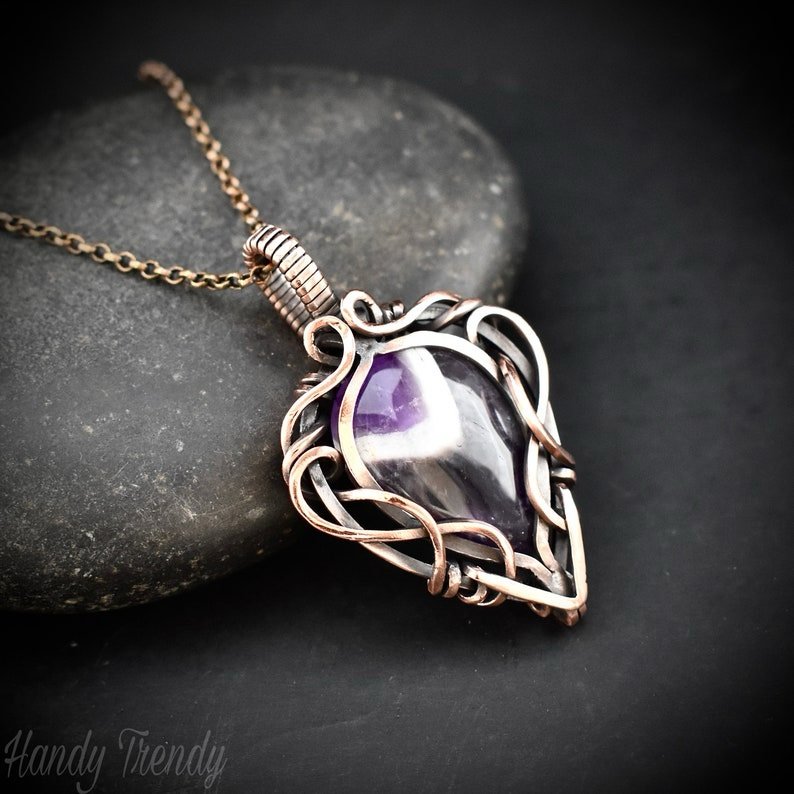 Star amethyst pendant, Free flow copper wire wrapped necklace, Unique handmade gift, One of a kind jewelry, Artisan boho jewelry