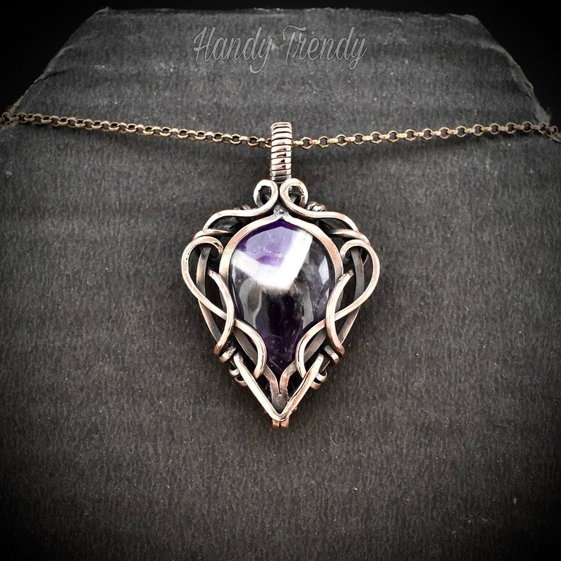 Star amethyst pendant, Free flow copper wire wrapped necklace, Unique handmade gift, One of a kind jewelry, Artisan boho jewelry
