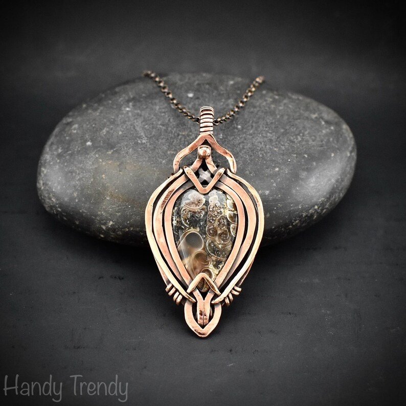 Turritella fossil pendant, Free flow copper wire wrapped necklace, Unique handmade gift, One of a kind jewelry, Artisan jewelry