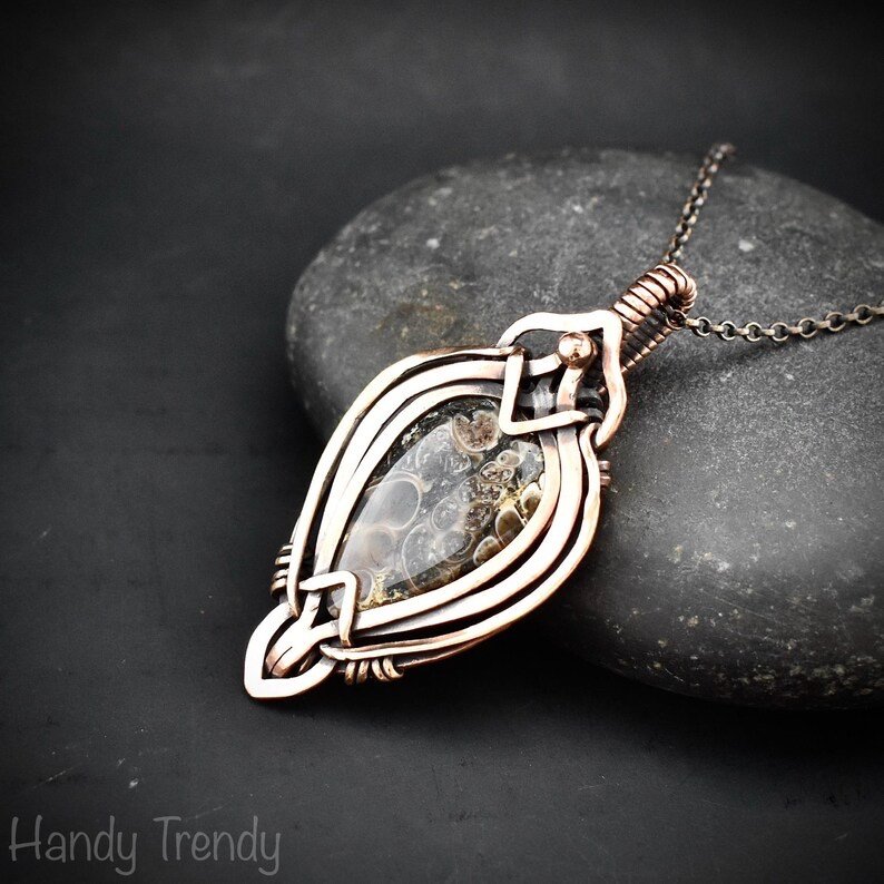 Turritella fossil pendant, Free flow copper wire wrapped necklace, Unique handmade gift, One of a kind jewelry, Artisan jewelry