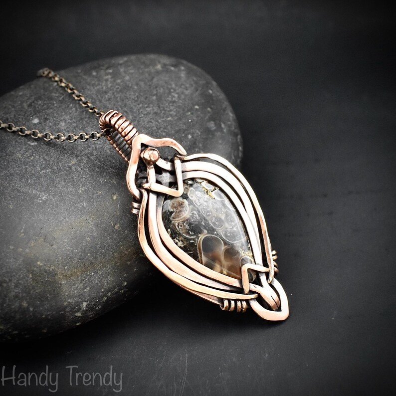 Turritella fossil pendant, Free flow copper wire wrapped necklace, Unique handmade gift, One of a kind jewelry, Artisan jewelry