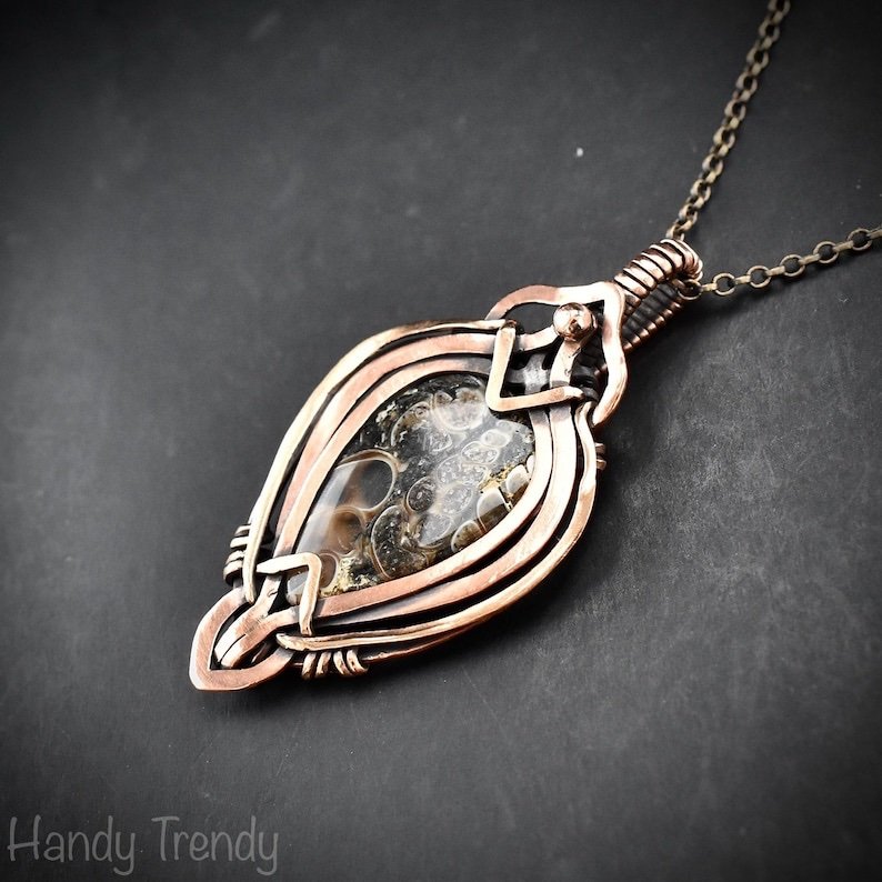 Turritella fossil pendant, Free flow copper wire wrapped necklace, Unique handmade gift, One of a kind jewelry, Artisan jewelry