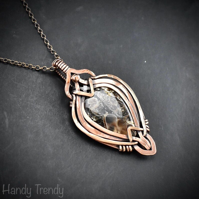 Turritella fossil pendant, Free flow copper wire wrapped necklace, Unique handmade gift, One of a kind jewelry, Artisan jewelry