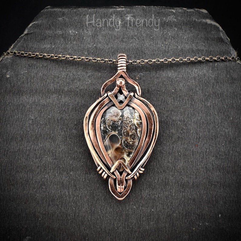 Turritella fossil pendant, Free flow copper wire wrapped necklace, Unique handmade gift, One of a kind jewelry, Artisan jewelry