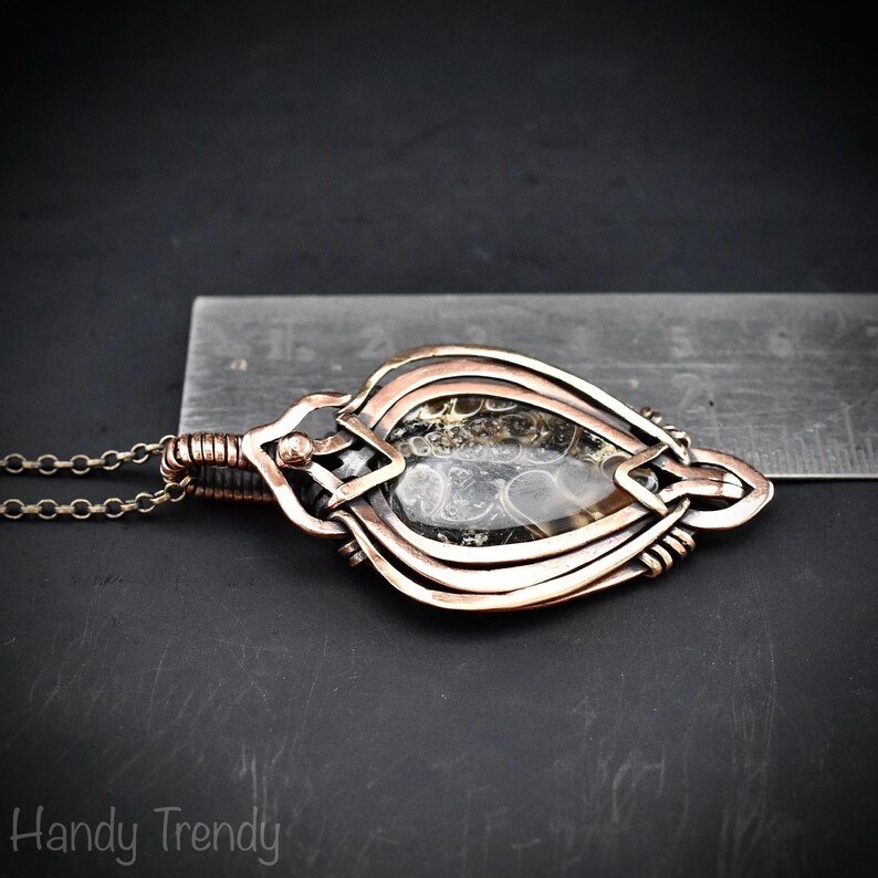 Turritella fossil pendant, Free flow copper wire wrapped necklace, Unique handmade gift, One of a kind jewelry, Artisan jewelry