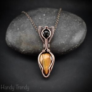 Yellow tiger eye and black onyx pendant, Copper wire wrapped necklace, Unique handmade gift, One of a kind artisan pendant