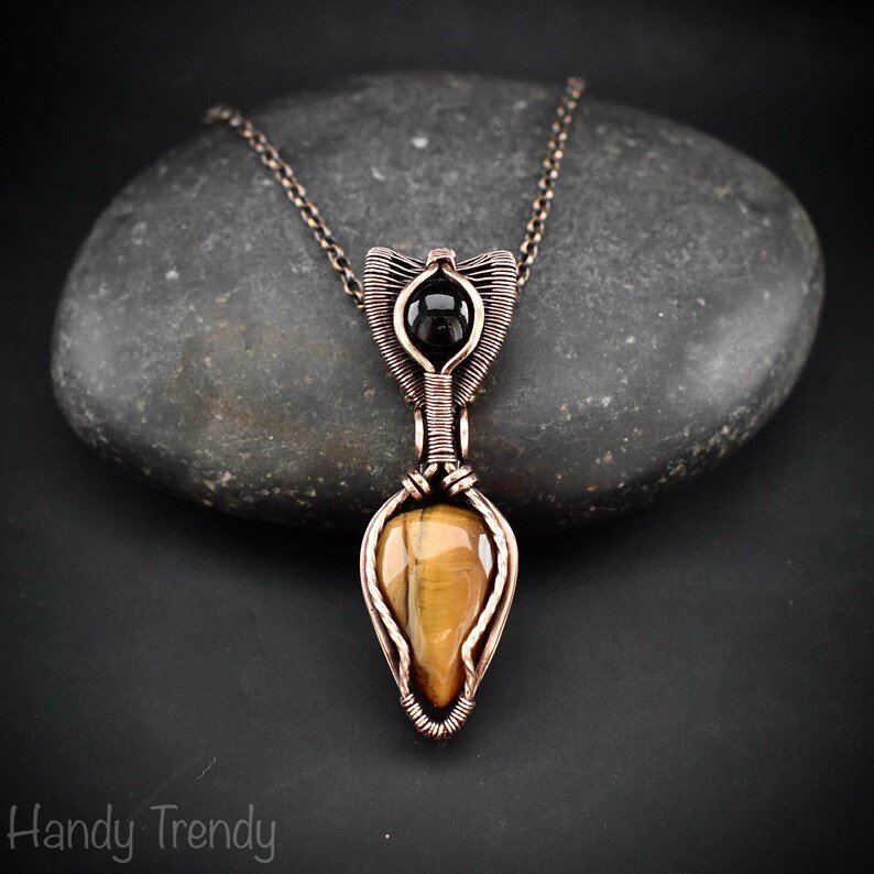 Yellow tiger eye and black onyx pendant, Copper wire wrapped necklace, Unique handmade gift, One of a kind artisan pendant